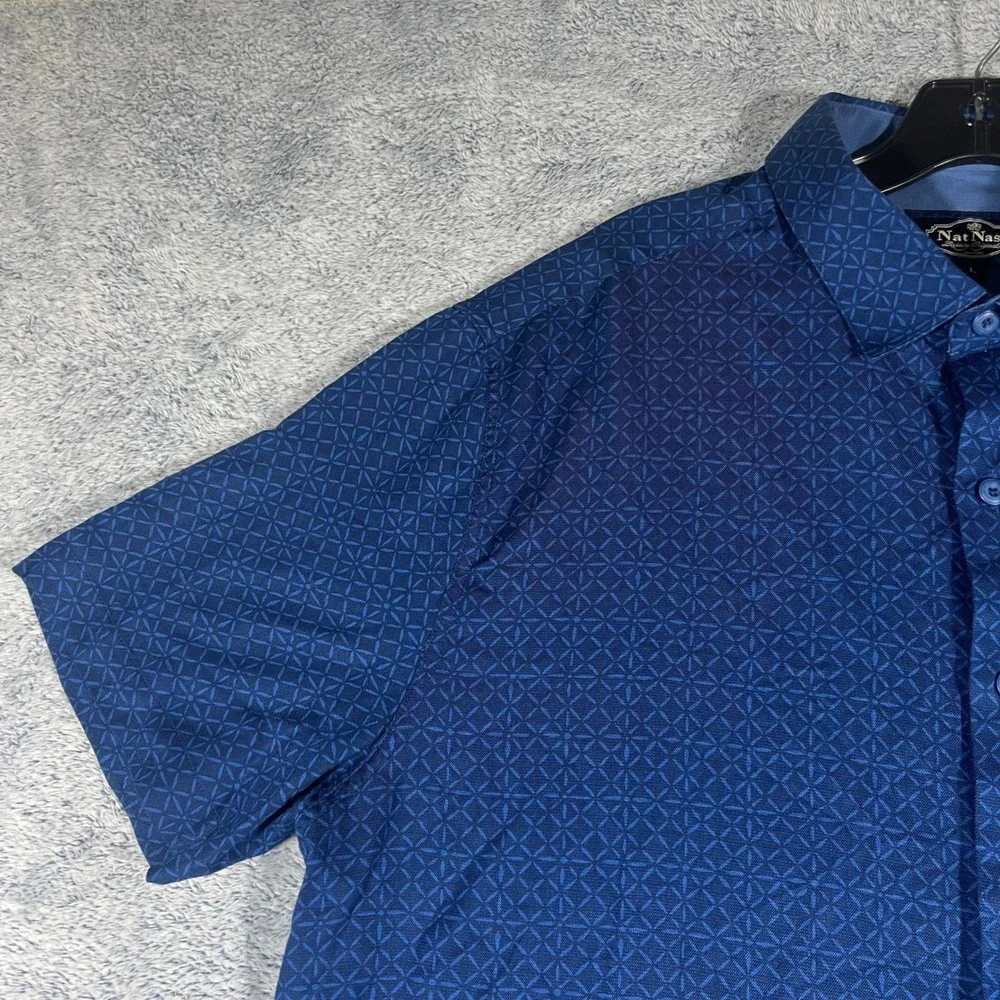 Nat Nast Luxury Originals Blue Silk Cotton Geometric Button Up Shirt‎ Mens Large